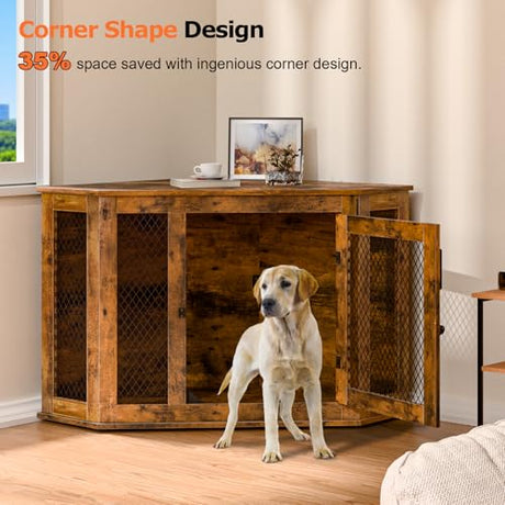 VENDORZ Corner Dog Crate Furniture, 52" Wooden Dog Kennel Furniture End Table with Mesh, Dog Kennel Indoor Furniture for Small Medium Large Dogs, Modern Decorative Wood Pet House Dog Cage Crate, Brown VENDORZ