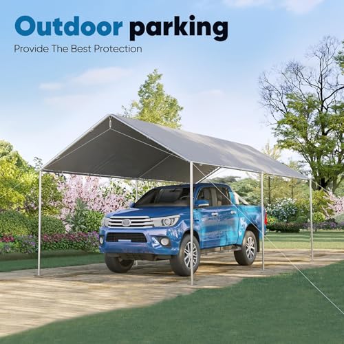 Quictent 10x15 ft Heavy Duty Car Canopy Galvanized Frame Carport Outdoor Party Tent Boat Shelter with 3 Reinforced Steel Cables - Grey Quictent