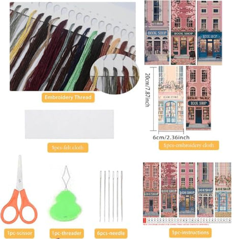 CreateJoy 5 PCS Book Shop Cross Stitch Bookmark Kits - Bookstore Counted Cross Stitch Kits for Beginners Adults, 14CT DIY Pattern Stamped Embroidery Bookmarks with Instructions Hand Embroidery Craft CreateJoy