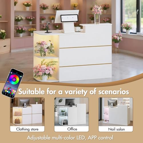 Kikihouse Modern Reception Desk & DIY Metal Strips, Front Desk with LED Light and Hidden Power Outlet, Reception Counter Table for Checkout, Office, Lobby, Nail Salon Spa (White) Kikihouse