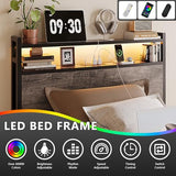 VINGLI Twin Platform Set of 2 with 4 Storage Drawers and Headboard Shelf, Metal Single Bed Frame with LED Lights and Charging Station, No Box Spring Needed, Easy Assembly, Wash Grey VINGLI