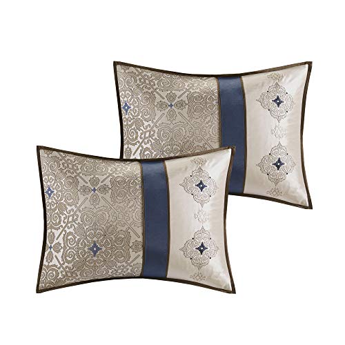 Madison Park Essentials Delaney 24-Piece Room In A Bag Comforter Set-Satin Jacquard All Season Luxury Bedding, Sheets, decorative pillows and Curtains, Valance, Queen (90 in x 90 in), Medallion Navy Madison Park