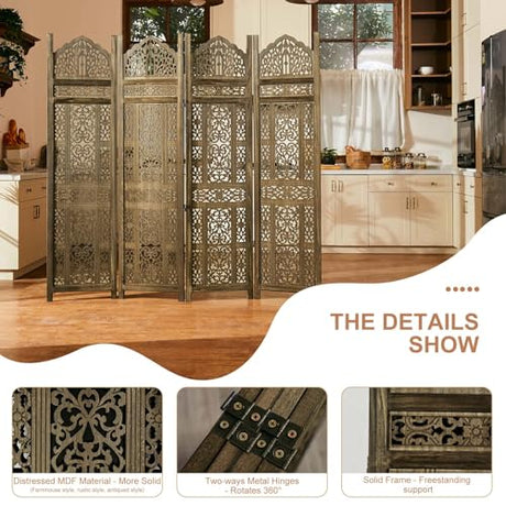 5.75Ft Room Divider Wood Screen, 33Lbs Durable Antiqued Style MDF Carved Headboard, Reversible Freestanding Folding Partition Paravent for Home Terrace, 69 * 71 inch(H*W) - 4 Panels (Antique Brown) Svimi