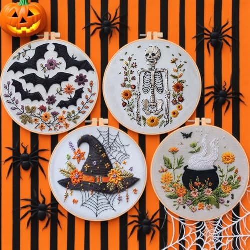 4 Set Halloween Embroidery Kit, Halloween Crafts for Adults, DIY Cross Stitch Craft Kit, with Needles and Thread Included (# A)