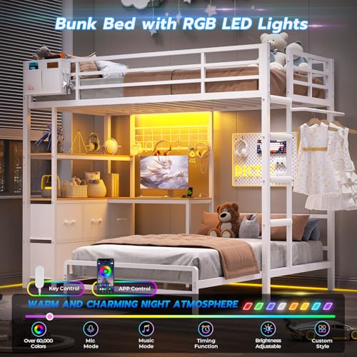 DICTAC Bunk Bed with L-Shaped Desk,5 Storage Drawers and 2 Shelves Metal Twin XL Over Twin Bunk Bed with LED Lights and Charging Station,bunk Beds with Safety Guardrail & Ladder,Space-Saving,White DICTAC