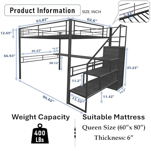 PVWIIK Staircase Queen Size Loft Bed with Desk and Wardrobe,High Loft Bed Frame for Kids Youths Adults Dorm Bedroom, No Box Spring Needed,Black PVWIIK