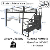 PVWIIK Staircase Queen Size Loft Bed with Desk and Wardrobe,High Loft Bed Frame for Kids Youths Adults Dorm Bedroom, No Box Spring Needed,Black PVWIIK