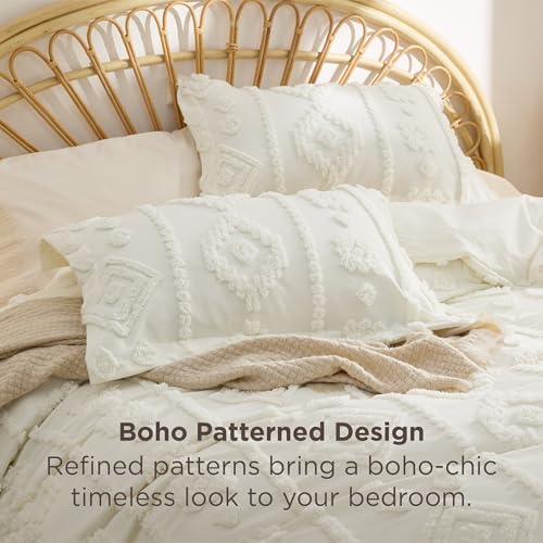 Bedsure Boho Tufted White Comforter King Size, GentleSoft™ 3 Pieces Boho Farmhouse Decor Bedding, Exquisite Shabby Chic Bedding for All Seasons, 1 Bed Comforter, 2 Pillow Shams, 104x90 Inches Bedsure