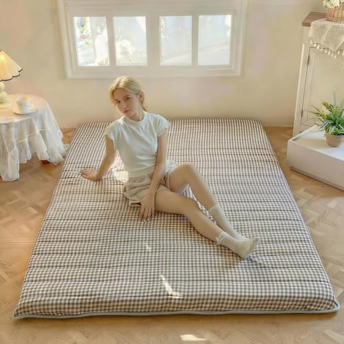 NSNLGSGC Tan Gingham Japanese Floor Mattress, 3.5" Thick High Density Foam Futon Mattress, Foldable Tatami Sleeping Pad for Adults & Kids, Roll Up Floor Bed for Dorm Guest Room, Twin Size 39" x 80" NSNLGSGC