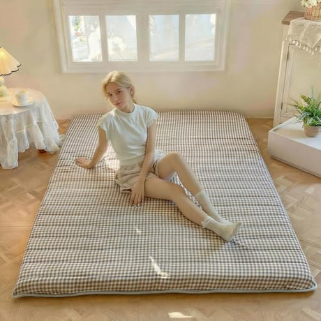 NSNLGSGC Tan Gingham Japanese Floor Mattress, 3.5" Thick High Density Foam Futon Mattress, Foldable Tatami Sleeping Pad for Adults & Kids, Roll Up Floor Bed for Dorm Guest Room, Twin Size 39" x 80" NSNLGSGC