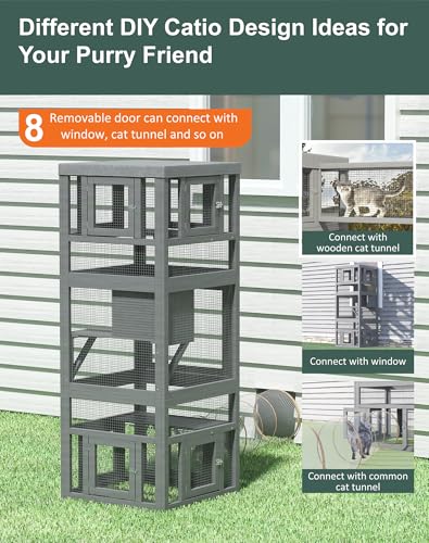 TIMHAKA Catio Indoor Cat Enclosure, 3 Tiers Cat Enclosure with Platform, Resting Box and 8 Removable Door can Connect with Cats Tunnel, Luxurious Playground with Waterproof Cover, DIY Wood Cats Cage TIMHAKA