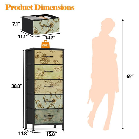 Furnulem Vertical Dresser for Bedroom, Tall Skinny Storage Tower with 5 Fabric Drawers, Chest of Drawers for Living Room, Dorm, Entryway, Vintage Furniture, Wood Top Furnulem