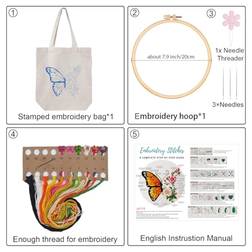 Louise Maelys Embroidery Kit Canvas Tote Bag for Beginners,Cross Stitch Kits for Adults,DIY Needlepoint with Butterfly Floral Pattern,Women Shopping Reusable Grocery Bags