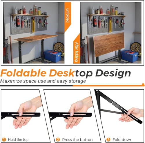 POWSTR 47" Foldable Wood Workbench,Adjustable Height Work Bench(32-42'') with Wheels and Feet Mat，Suitable for Workshop,Office,Garage,Home,Commercial POWSTR