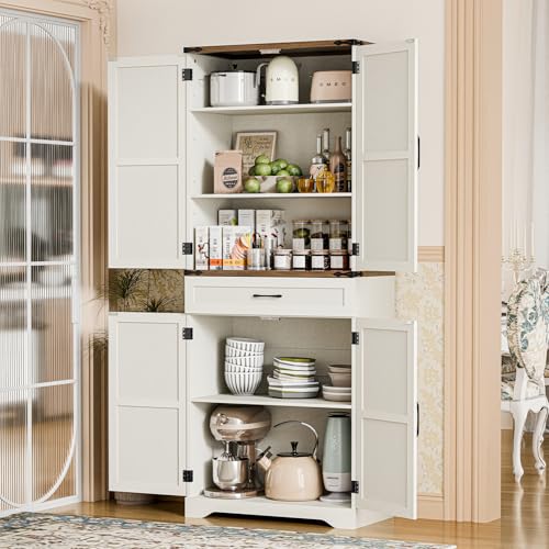 72" Tall Farmhouse Kitchen Pantry, Farmhouse Storage Cabinet with Adjustable Shelves, Large Capacity Storage Cabinet with Drawer,Freestanding Cupboard for Kitchen, Dining Room, Living Room, White