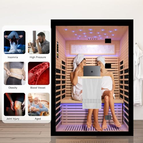 OUTEXER 2 Person Infrared Sauna Room Far Infrared Saunas Home Canadian Hemlock Indoor 2100W Low-EMF Dry Saunas with Oxygen Bar 7 Color Therapy 53.1 * 47.2 * 74.8inch OUTEXER