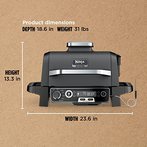 Ninja, Woodfire Pro Outdoor Grill and Smoker, Thermometer, BBQ Smoker, Air Fryer, Bake, Roast, Dehydrate, Broil, 7-in-1, Master Grill, Ninja Woodfire Pellets, Portable, Electric Grill, Grey, OG751BRN Ninja