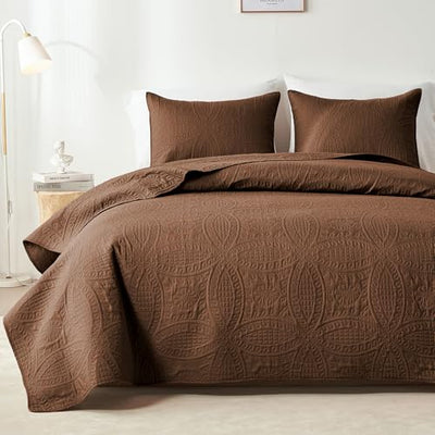 akkialla Full/Queen Quilt Bedding Set,Brown Ultrasonic Quilt Set,Lightweight Soft Bedspread Coverlet,Modern Style Coin Pattern Bed Cover for All Seasons,3 Piece(1 Quilt,1 Pillow Shams)