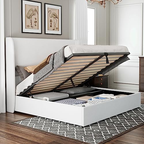 Jocisland Queen Size Bed Frame Lift Up Storage Bed Linen Upholstered Bed Frame with Hydraulic Storage/Wingback Headboard/No Box Spring Needed/White Jocisland