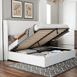 Jocisland Queen Size Bed Frame Lift Up Storage Bed Linen Upholstered Bed Frame with Hydraulic Storage/Wingback Headboard/No Box Spring Needed/White Jocisland