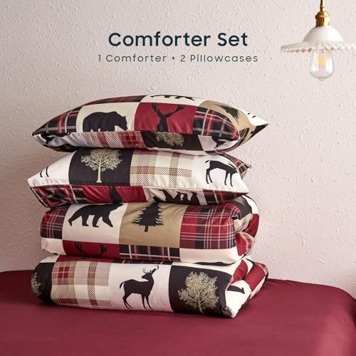Wake In Cloud - Rustic Comforter Set, Cabin Christmas Lodge Western Country Bear Deer Moose Woodland RV Outdoor Theme, Soft Lightweight Bedding, 3 Pieces, Burgundy Black, California King Size Wake In Cloud