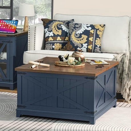 Joaxswe Farmhouse Coffee Table with Hidden Storage Organizer, Modern Square Large Center Table, Wood Farm House Low Navy Blue Living Room Tables with Hinged Lift Top for Home, Office Joaxswe