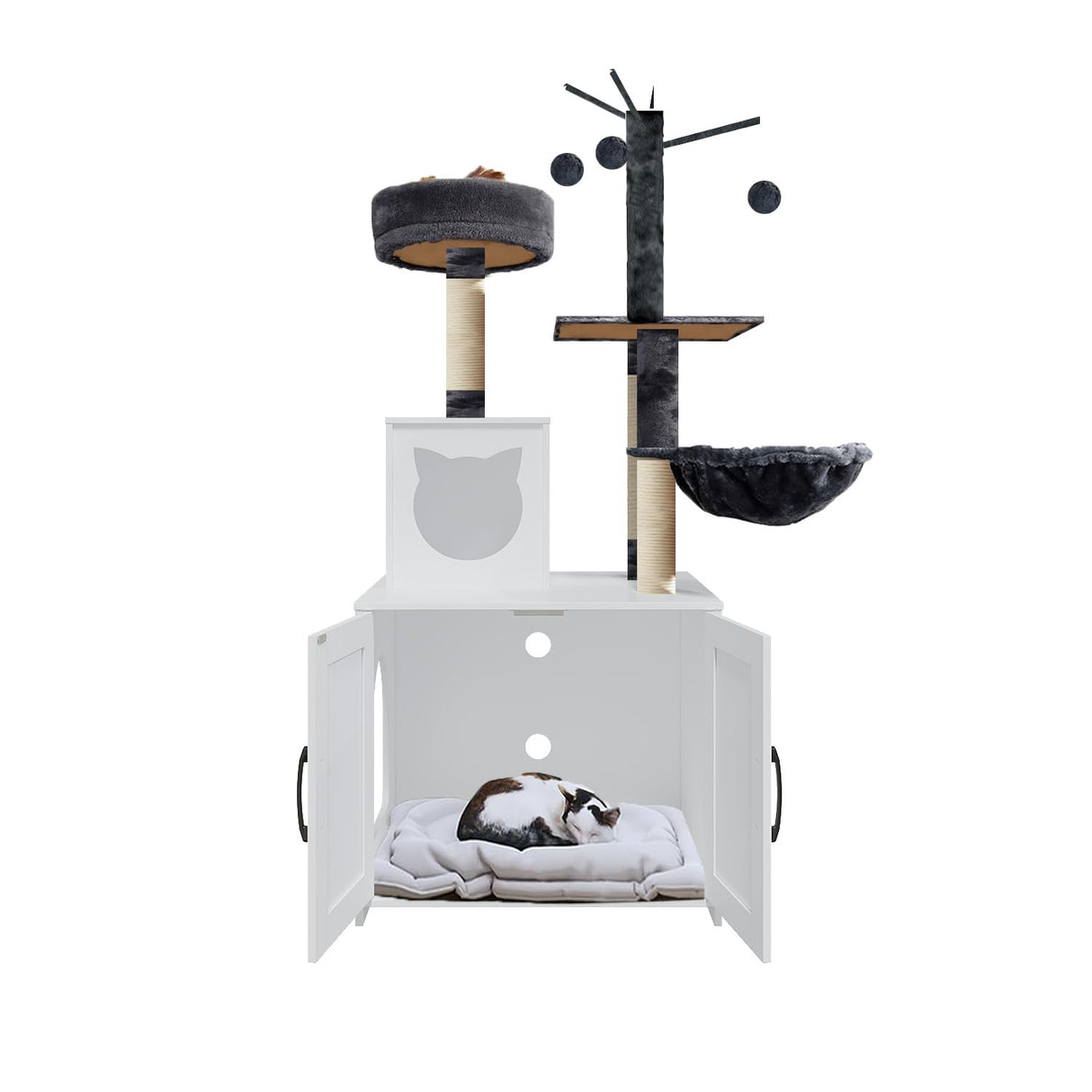 Cat Tree with Litter Box, Wood Litter Box Enclosure with Food Station, Modern Cat Tower for Indoor Large Cats with Large Platform,Cat Condo with Scratching Posts, Hammock, Caves, Basket,White Gaalloopyger
