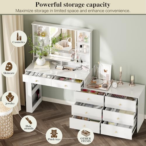 Ieejdn Makeup Vanity Desk with Mirror and Lights, Vanity Desk with 8 Drawers & Storage Shelves, Vanity Table with Power Outlet, 3 Color Modes & Adjustable Brightness Dressing Table, Bedroom,White Ieejdn