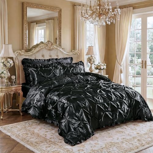 Bedbay Black Satin Comforter Queen Pinch Pleat Bedding Silk Like Satin Ruffled Duvet Set 4 Pcs with Black Ruffle Silky Body Pillow Cover Aesthetic Room Decor Luxury Satin Bedding Set for All Season Bedbay