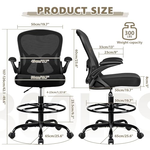 Winrise Drafting Chair, Tall Office Chair Ergonomic Standing Desk Chair, Lumbar Support Computer Chair Swivel Task Rolling Chair with Adjustable Flip-up Armrests & Foot Ring (Black) Winrise