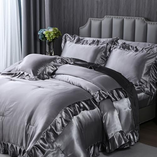 Herside Satin Comforter Set with Sheet Set Queen Size,8 Pieces Grey Ruffle Comforter Silk Like Satin Bedding Set,Soft Smooth Luxury Silky Quilt Set with 1 Cushion Cover All Season Herside