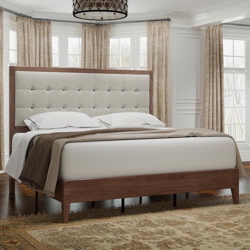 Jocisland King Size Wood Platform Bed Frame with Upholstered Tufted Headboard in Ash Gray - WoodArtSupply