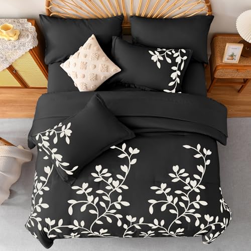 METAHOTS King Size Comforter Set - 7 Pieces White Floral Botanical Printed on Black King Comforter Set with Sheets, Soft Lightweight Microfiber Bedding Set for All Season(104"X90") METAHOTS