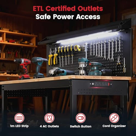 ENJOYWOOD 60'' Heavy Duty Workbench 3000 LBS Load Capacity Adjustable Height Garage Work Bench with Pegboard, Storage Shelf, Power Outlets and LED Light ENJOYWOOD