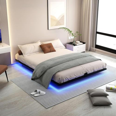 FSJianYi Floating Bed Frame Queen Size with LED Lights Metal Platform Bed No Box Spring Needed Easy to Assemble (Queen (U.S. Standard)) FSJianYi