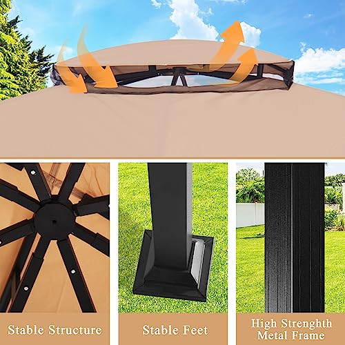 10’x 12’ Outdoor Gazebo, Double Roof Patio Gazebo with Netting and Curtains, Metal Frame Outdoor Patio Canopy for Deck Backyard Garden Raysfung