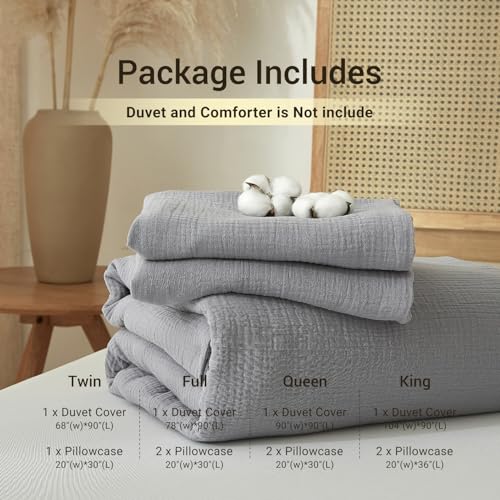 YASMENG 100% Cotton Muslin Duvet Cover Set King Size Grey, Ultra Soft Breathable Absorbent Gauze Bedding Duvet Cover, Luxurious Minimalist Natural Wrinkle Linen Textured Comforter Cover 104" x 90" YASMENG