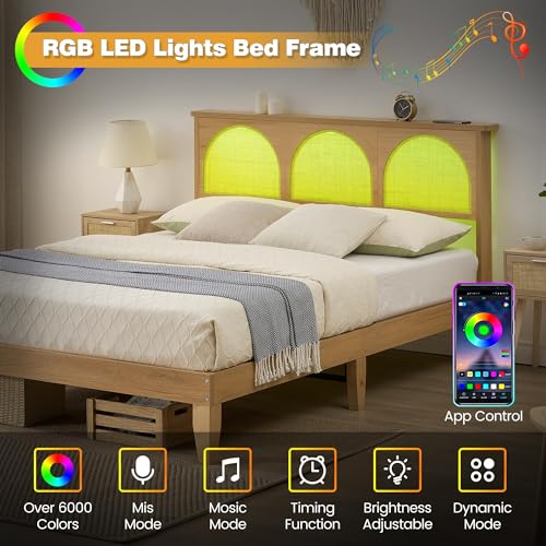 IDEALHOUSE Queen Size Bed Frame with Natural Rattan Headboard and Footboard, Queen Platform Bed Frame with LED Lighted Headboard, Strong Wooden Slat,