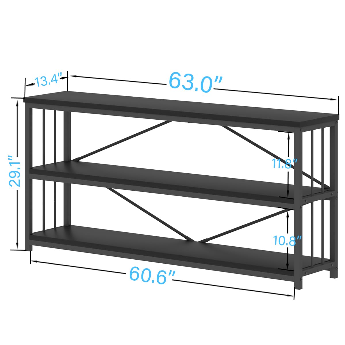 IBF 63" Black Oak Modern 3-Tier Low Horizontal Bookshelf - Stylish and Sturdy Etagere for Home and Office - WoodArtSupply