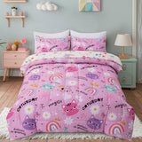 Btargot Twin Pink Cartoon Cat Reversible Comforter Set for Boys Girls Kids, 5 Pieces Rainbow Flowers Sun Painting Bedding Set with Sheets Btargot