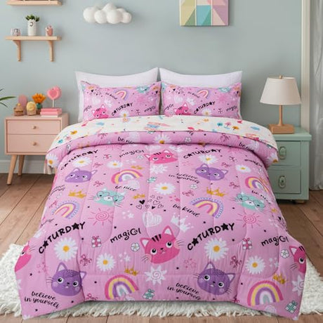 Btargot Twin Pink Cartoon Cat Reversible Comforter Set for Boys Girls Kids, 5 Pieces Rainbow Flowers Sun Painting Bedding Set with Sheets Btargot