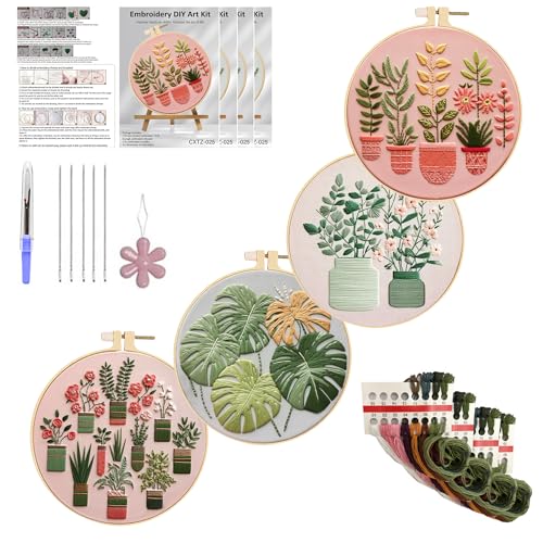 Huacan Embroidery Kits for Adults Beginner - 4 Pcs Floral Pattern Stitching Printed Bouquet DIY Sewing Kit 7.9 x 7.9 Inch (Bouquet 2)