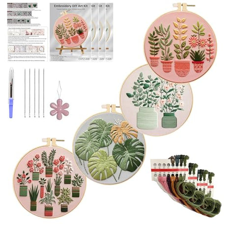 Huacan Embroidery Kits for Adults Beginner - 4 Pcs Floral Pattern Stitching Printed Bouquet DIY Sewing Kit 7.9 x 7.9 Inch (Bouquet 2) Huacan