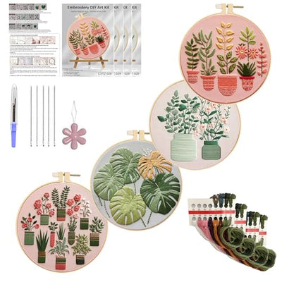 Huacan Embroidery Kits for Adults Beginner - 4 Pcs Floral Pattern Stitching Printed Bouquet DIY Sewing Kit 7.9 x 7.9 Inch (Bouquet 2)