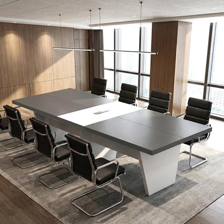 10FT Conference Table with Rectangle Grommet, 2.13" Thickened Desktop, Business Style Wooden Training Table, Modern Seminar Boardroom Table for Office Conference Room SNKBOAT