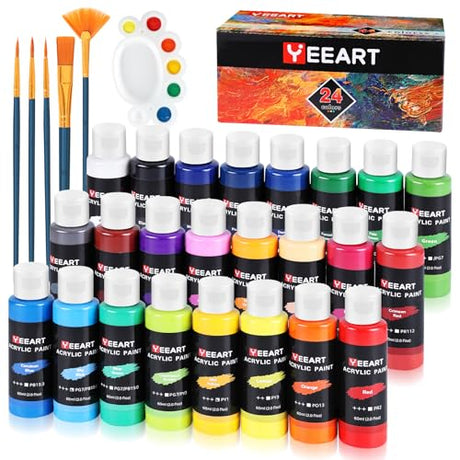 24 Colors Acrylic Paint Set, Yeeart Acrylic Paint, 2oz Bottles Classic Color, Rich Pigmented Canvas Paint, Professional Craft Paint Kit, Premium Non-toxic Paints for Artists, Acrylic Paint Set for Kids & Adults, Art Supplies for Canvas Painting Rocks Wood Yeeart
