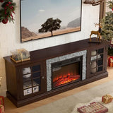 70" W Modern Electric Fireplace with Mantel, Fireplace TV Stand with Realistic Stacked Stone, 3D Flame Effect, Entertainment Center for TVs Up to 75", TV Console Table for Living Room (70" W & Cherry) Eyisean