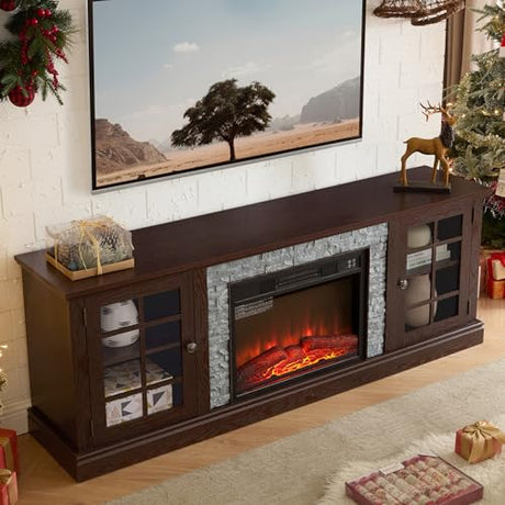 70" W Modern Electric Fireplace with Mantel, Fireplace TV Stand with Realistic Stacked Stone, 3D Flame Effect, Entertainment Center for TVs Up to 75", TV Console Table for Living Room (70" W & Cherry) Eyisean