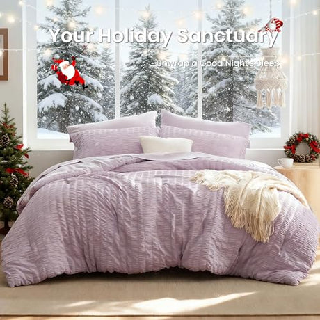 Love's cabin Seersucker Lavender Twin Comforter Set 5 Pieces, All Season Bedding Set, Twin Bed in a Bag Comforter Set with Comforter, Flat Sheet, Fitted Sheet, Pillowcase and Pillow Sham Love's cabin