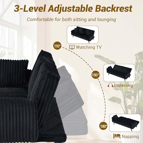 72" Modern Corduroy Sofa Bed Futon,Convertible Sleeper Couch Bed with Cup Holder,4 Reclining Positions,Folding Sofa Cloud Loveseat for Small Living Room Apartment Office (Black-New) Majnesvon